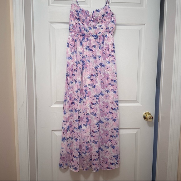 Lulus Dresses & Skirts - Total Darling Pink Multi Floral Print Notched Bustier Maxi Dress